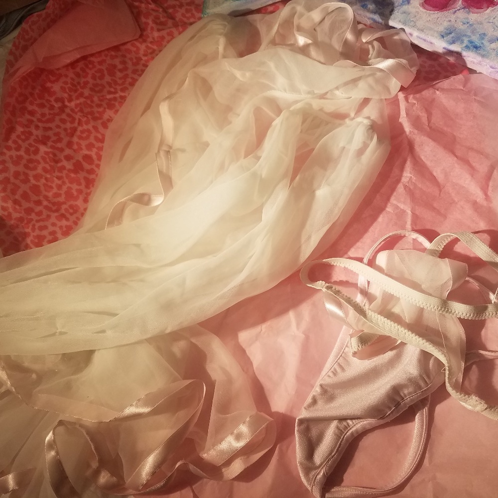 White with pink sheer robe, with matching panty.